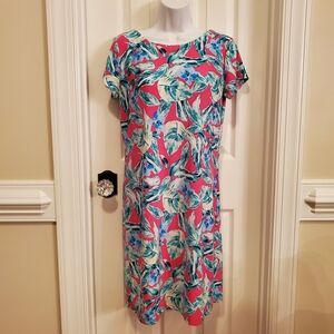 Pappagallo Tropical Pink & Blue Palm Print Shift Dress